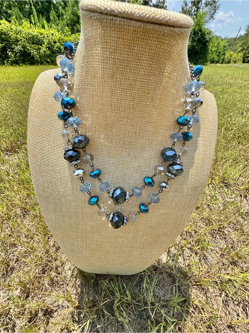 Crown trafari Blue and Gray Double Strand Crystal Necklace - Women Jewelry